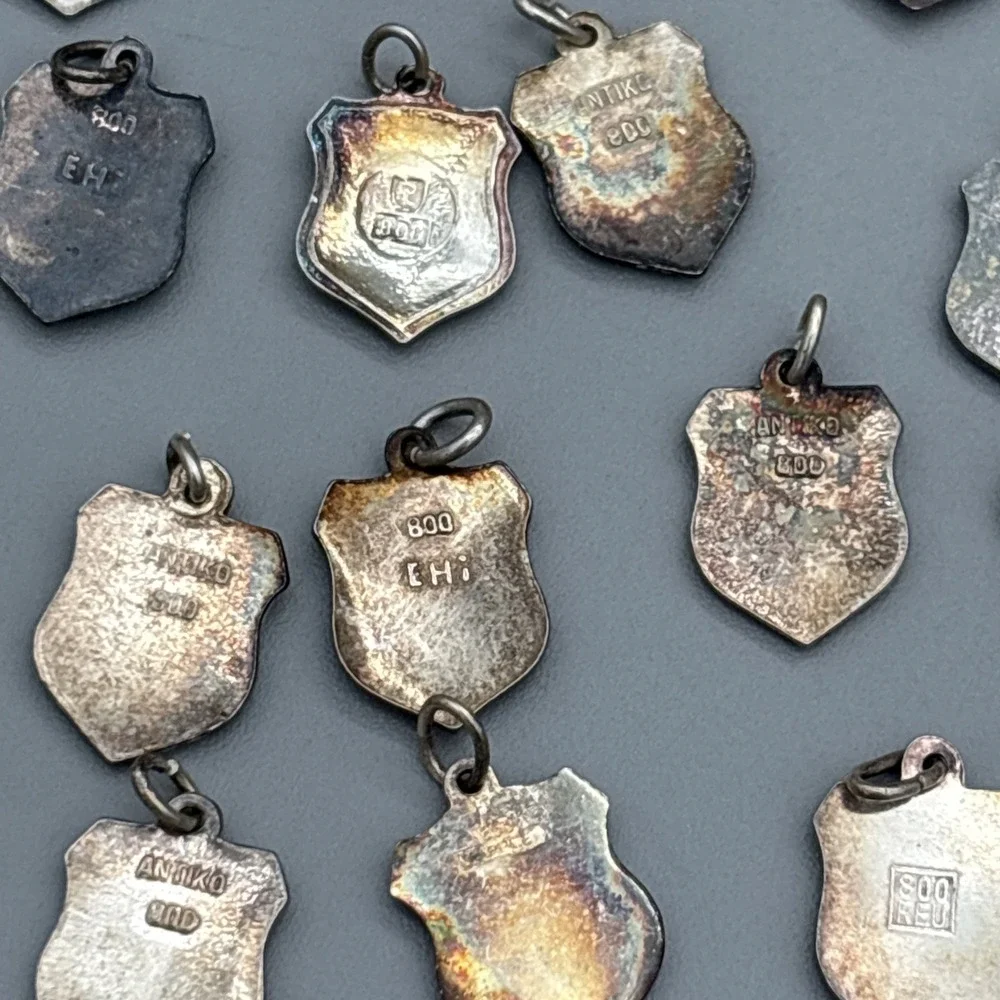 Lot of 24 Vintage 800 Silver REU ANTIKO Enamel European Travel Shield Charms 25g